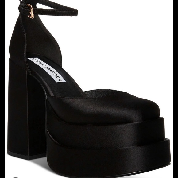 Steve Madden Shoes - Steve Madden Charlize Black Satin Block Heel Ankle Strap Square Toe Fashion Pump